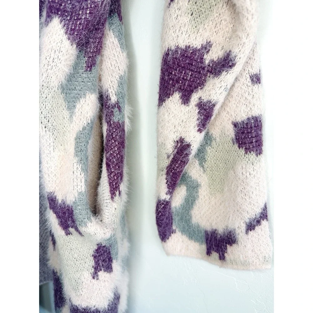 Umgee Boho Oversized Fuzzy‎ Knit Long Cardigan Sweater XL Pink Purple Abstract